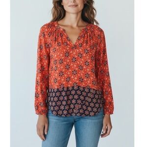 Boden Red/Navy Floral V-Neck Blouse Shirt Women US 12 UK 16 Long Sleeve
